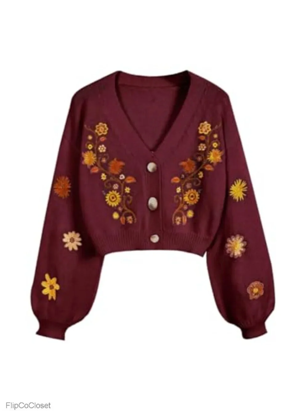 Cropped Floral Cardigan Boho Cottagecore Long Sleeve Button Front Polyester